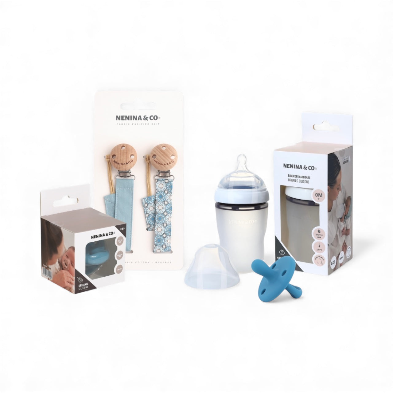 Pack Biberon Blanco flujo lento + Chupete Clásico + 2 Chupeteros de algodon orgánico Nenina & Co