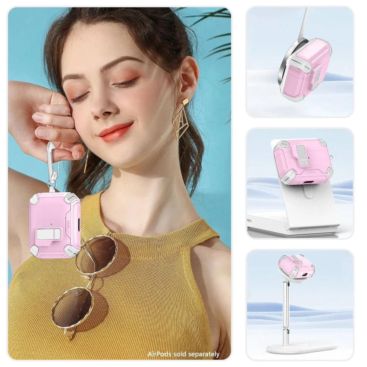 Pink, heavy-duty AirPods Pro 3 case with secure lock, carabiner, and MagSafe charging compatibility.