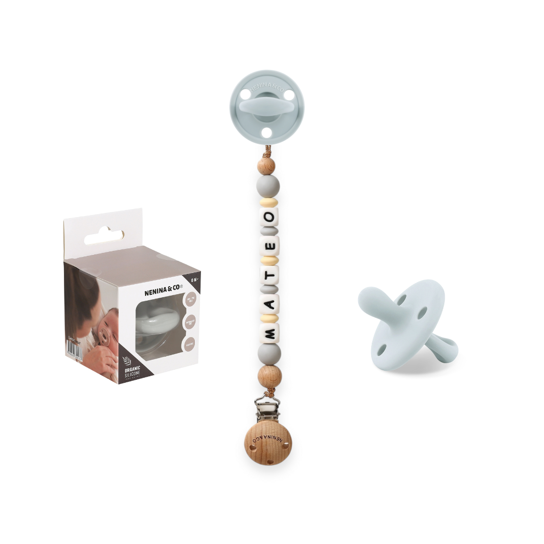 Kit Chupete Clásico Gris de Silicona + Chupetero con Nombre | Nenina & Co.