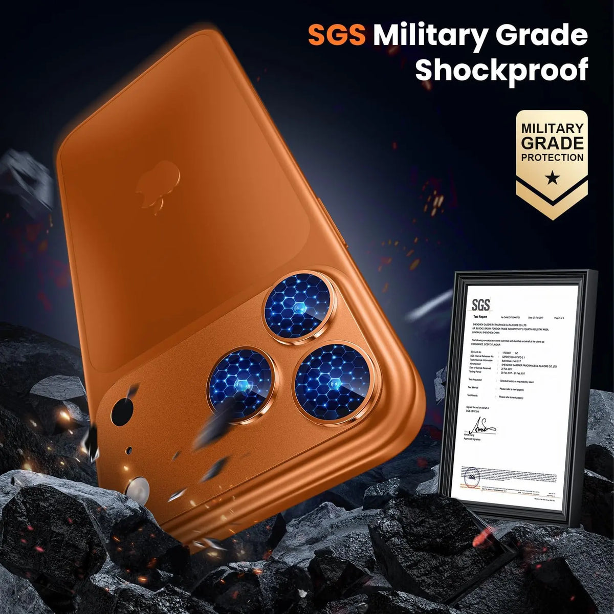 Copper-colored titanium camera lens protectors for iPhone 17 Pro, featuring a blue honeycomb pattern and SGS report.