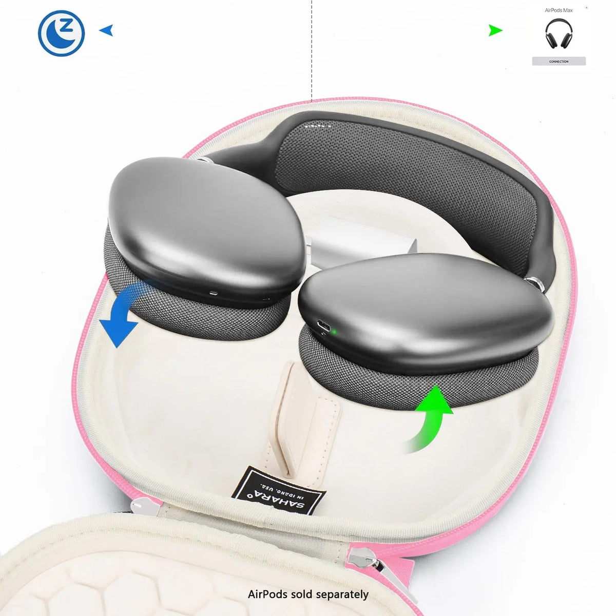 Pink hard-shell travel case for AirPods Max with cream interior, dedicated headphone slot, and zipper closure.