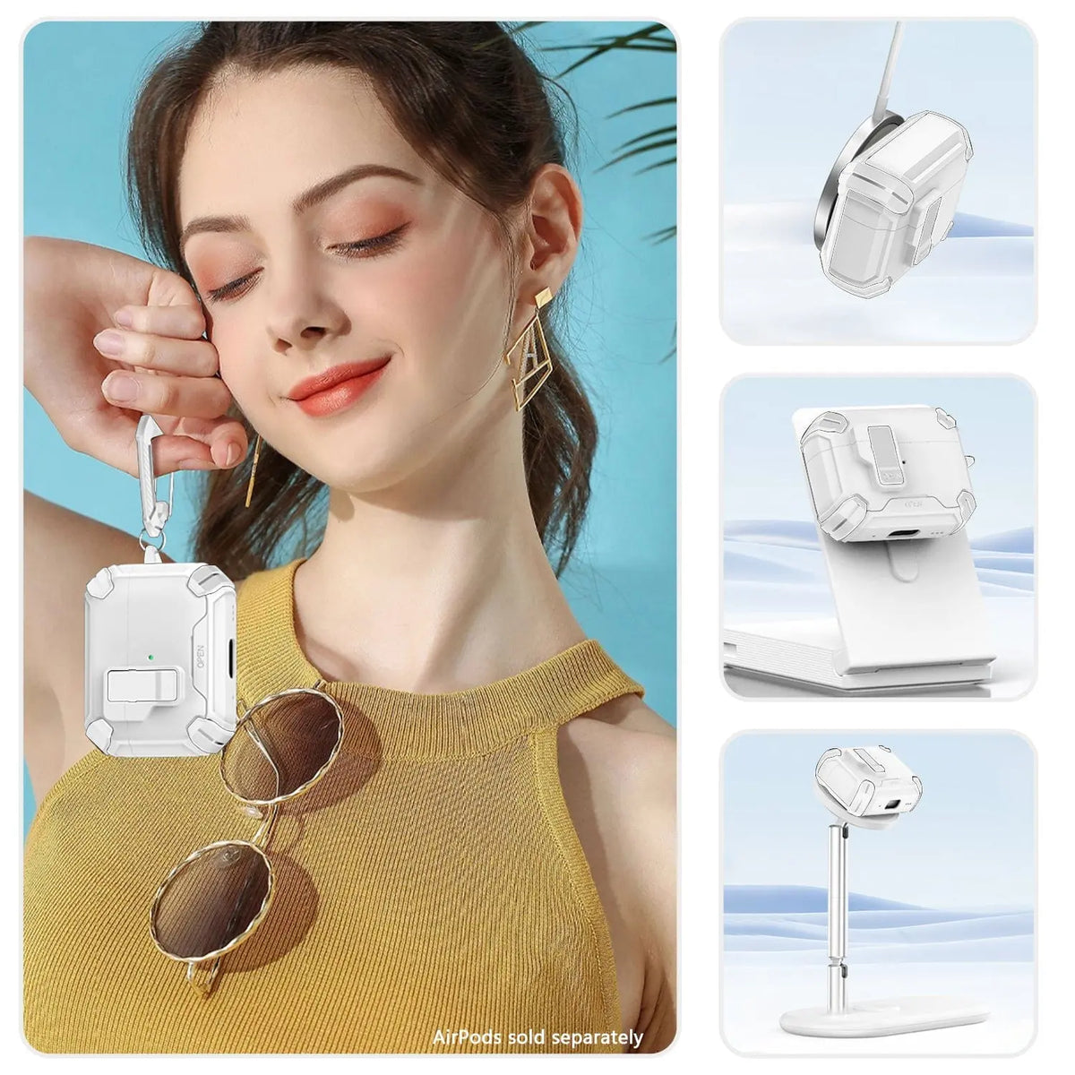 White heavy-duty AirPods Pro case with secure locking mechanism, carabiner, and MagSafe wireless charging compatibility.