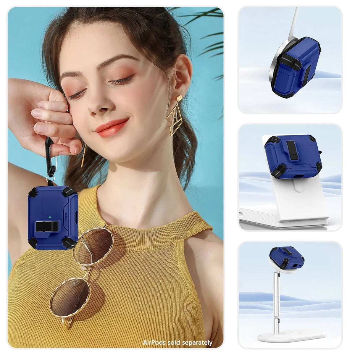 Heavy-duty blue protective case for AirPods Pro 3 with secure lock, carabiner, and MagSafe charging compatibility.
