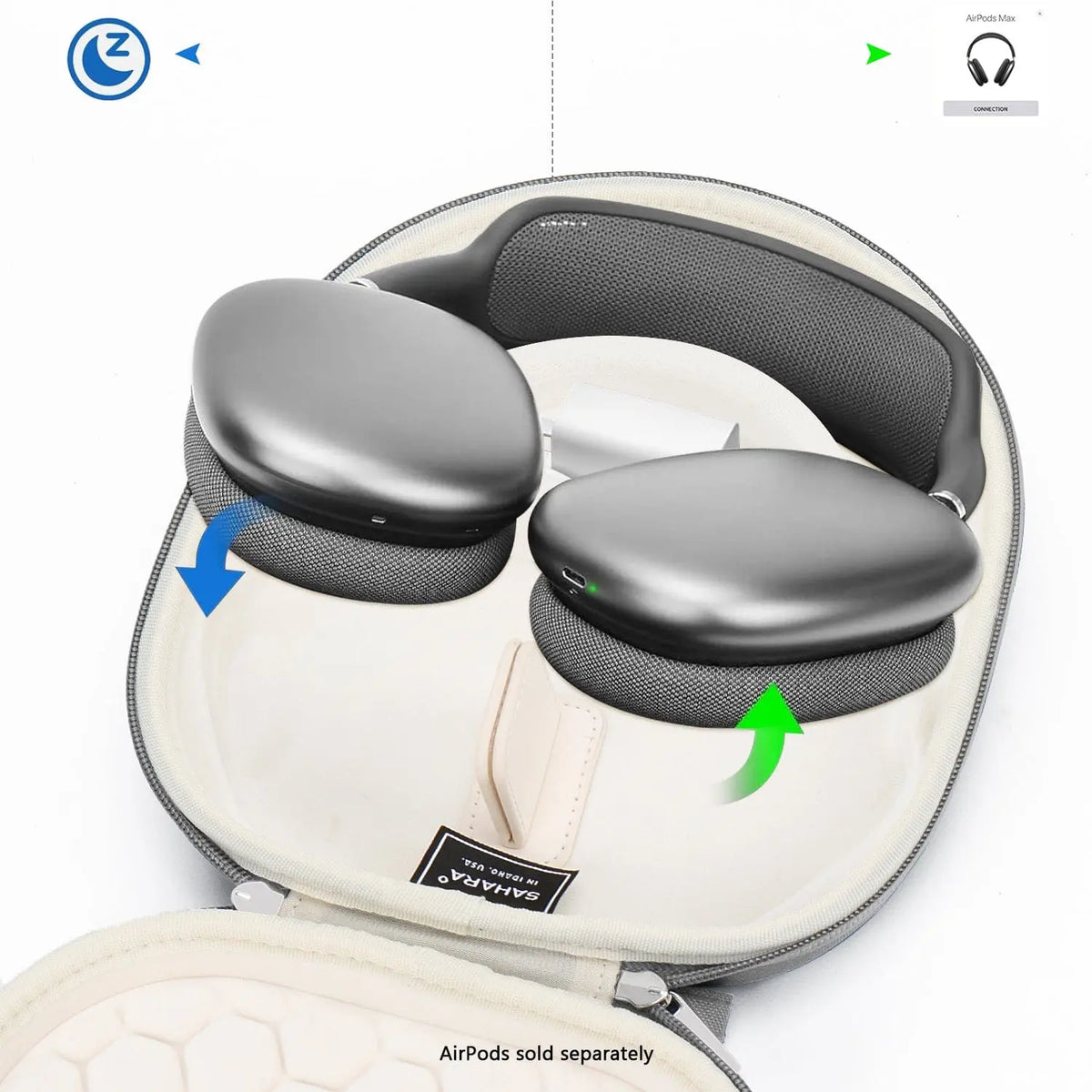 Space gray AirPods Max stored in a beige, hard-shell travel case with zipper closure and internal accessory pocket.