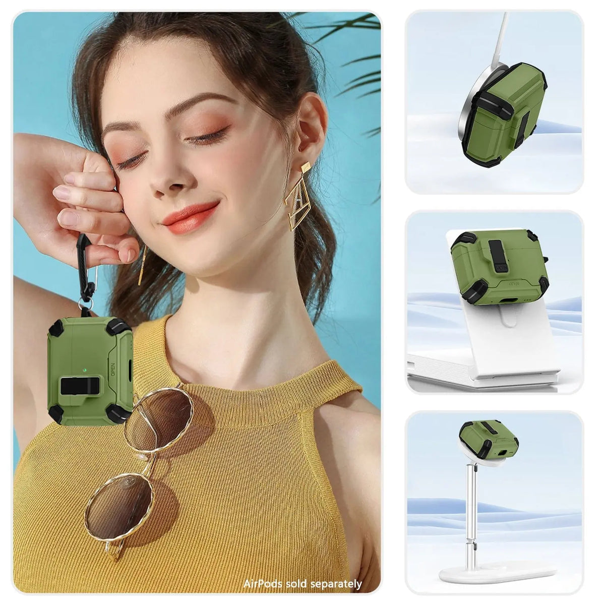 Rugged olive green AirPods Pro 3 case with secure lock, shown on wireless chargers and held by a woman.