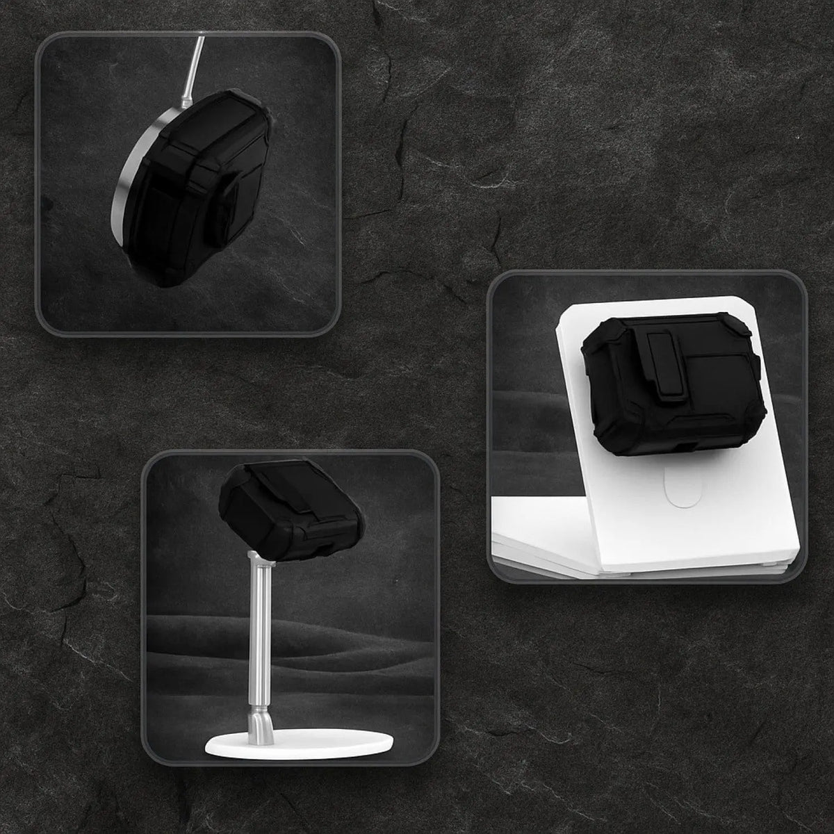 Black, heavy-duty AirPods Pro case featuring a secure locking design and MagSafe compatibility on a stand.