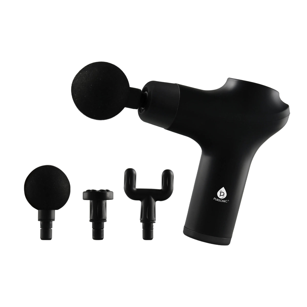 Matte black handheld massage gun with three different interchangeable massage head attachments on a white background.