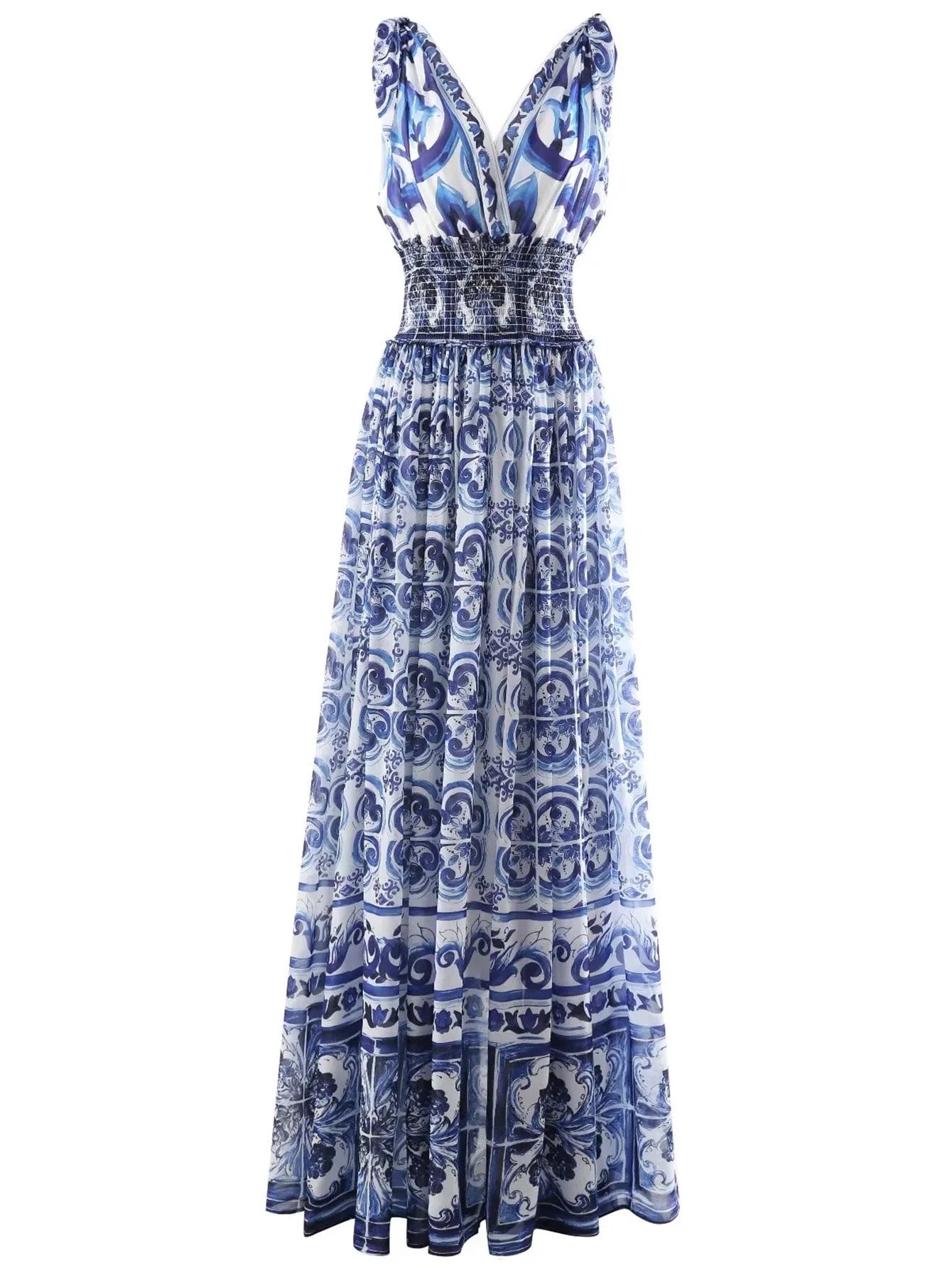 Blue and white floral maxi dress with smocked bodice, featuring a deep V-neck and elegant flowing silhouette.