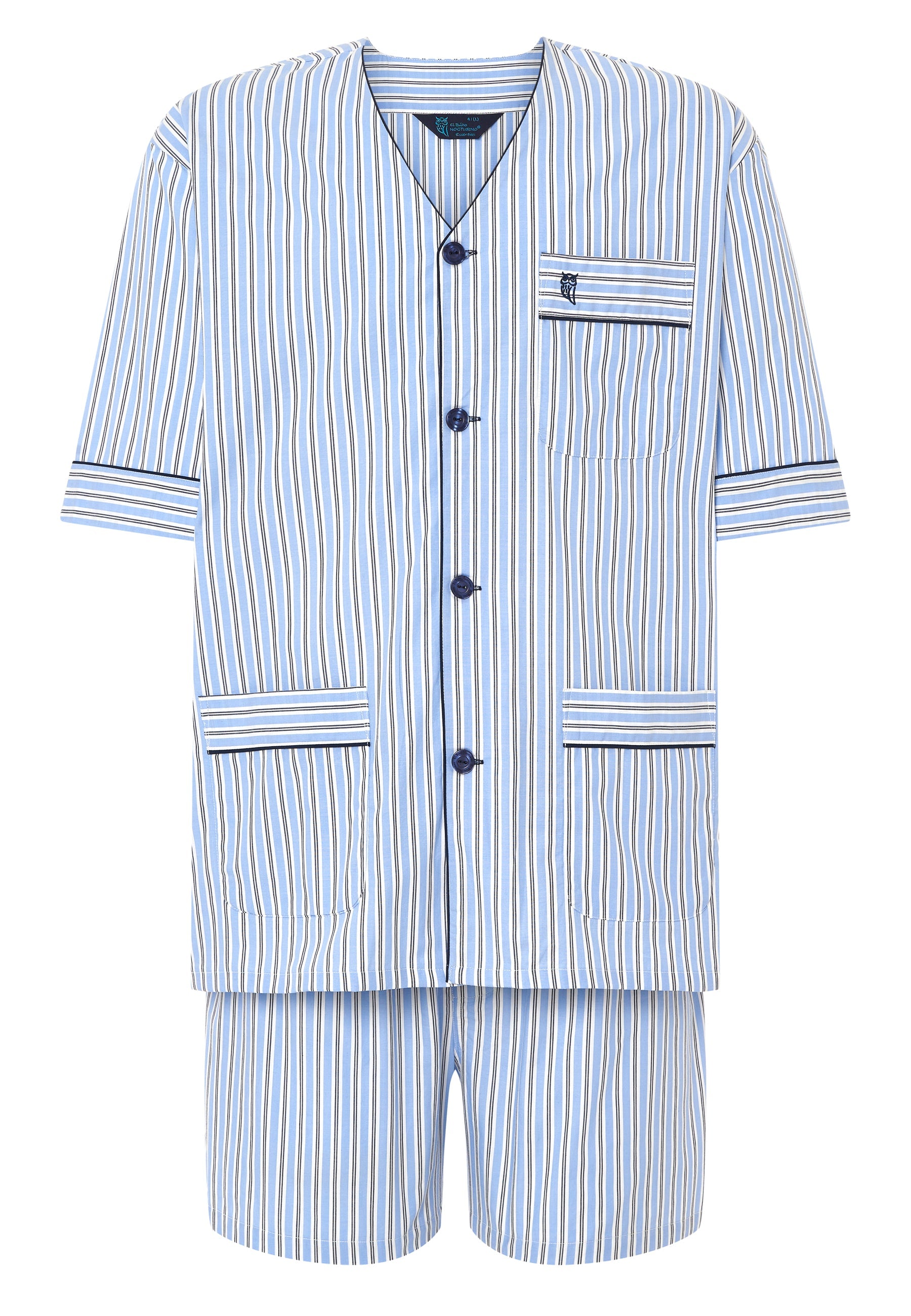 Pijama de rayas azul y blanco, de algodón, estilo corto con botones y bolsillo en la parte superior.