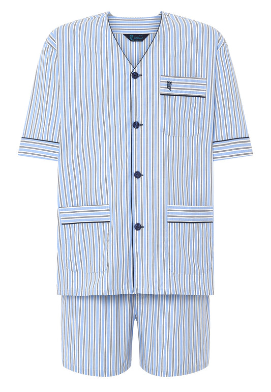 Pijama de rayas azul y blanco, de algodón, estilo corto con botones y bolsillo en la parte superior.