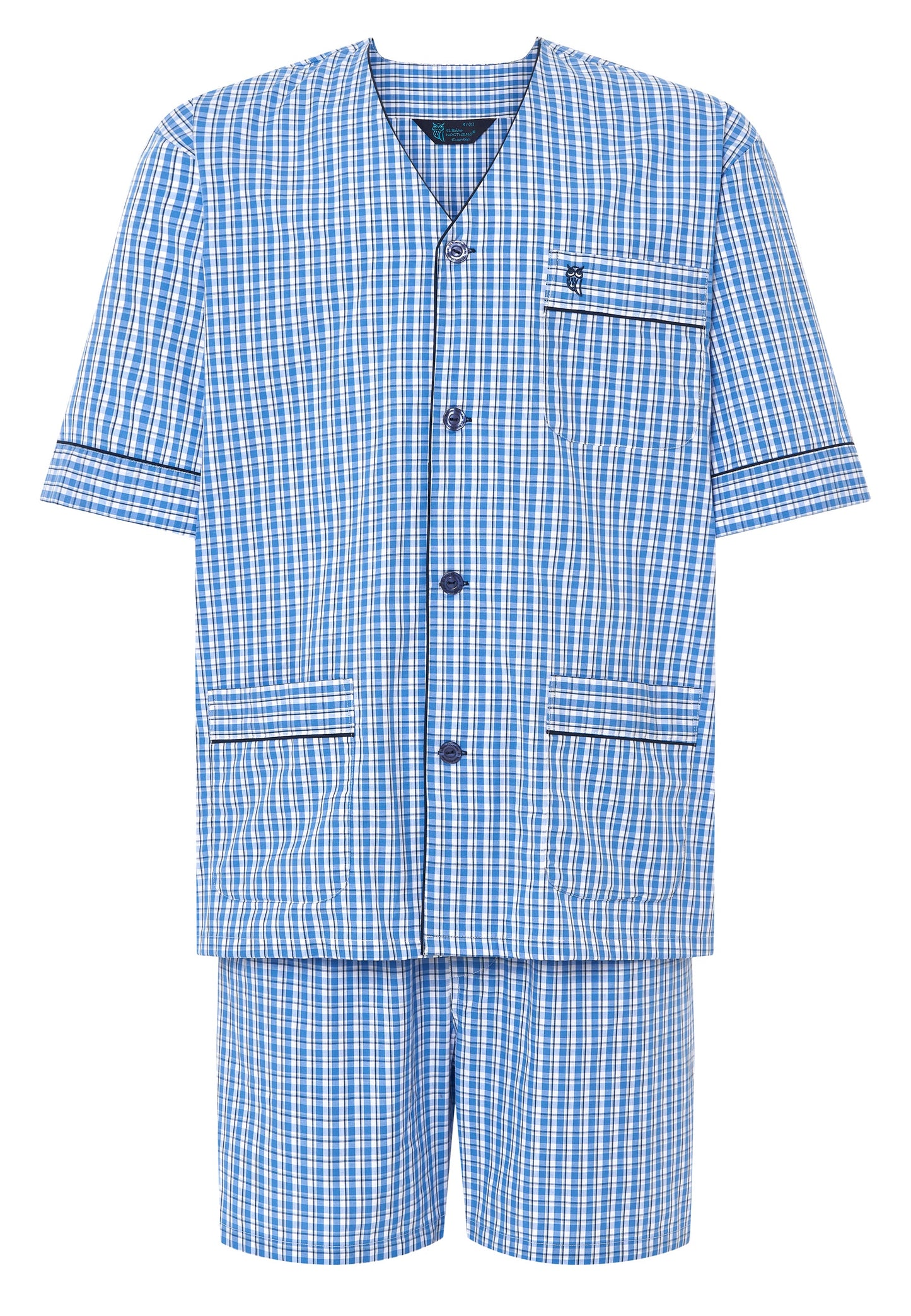 Conjunto de pijama de cuadros azules y blancos, 100% algodón, estilo relajado con botones y bolsillo en el pecho.