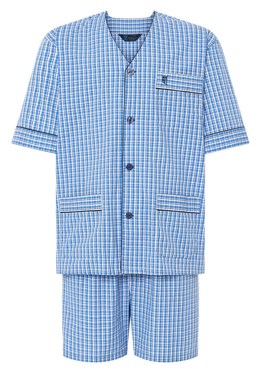 Conjunto de pijama de cuadros azules y blancos, 100% algodón, estilo relajado con botones y bolsillo en el pecho.
