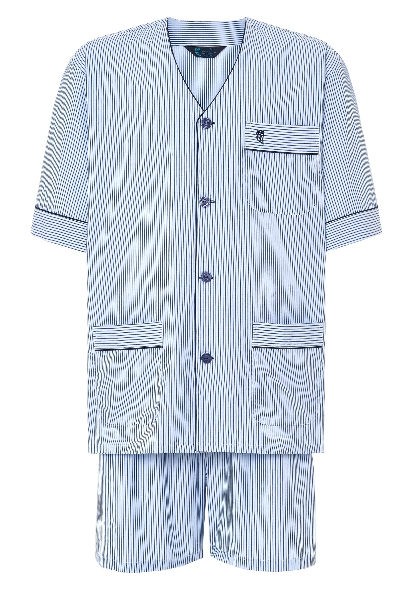Conjunto de pijama de rayas azul claro, algodón, con botones y bolsillo en chaqueta corta y pantalones cortos.