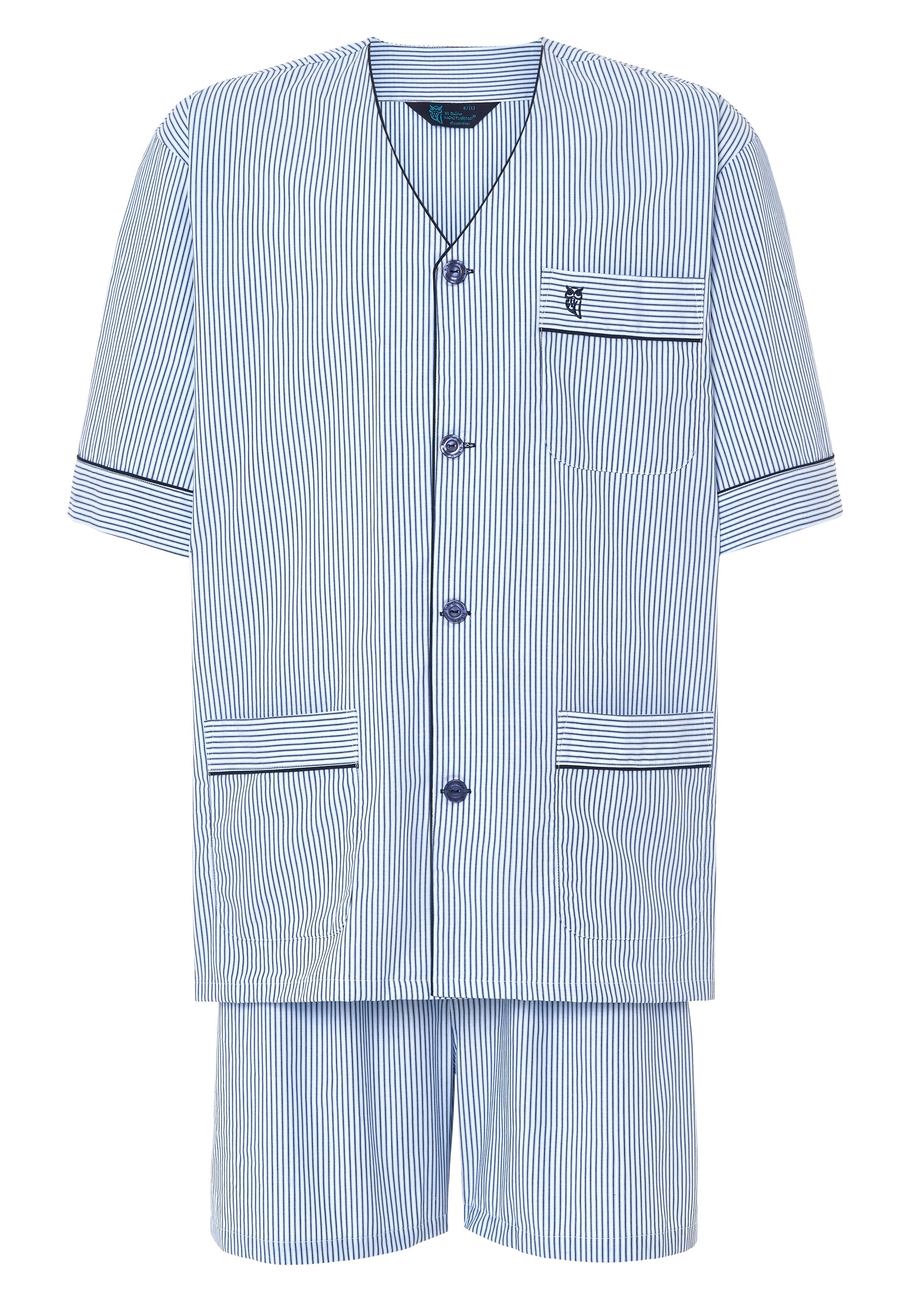 Conjunto de pijama de rayas azul claro, algodón, con botones y bolsillo en chaqueta corta y pantalones cortos.
