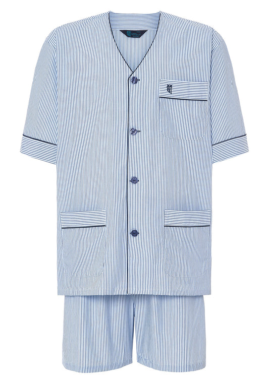 Conjunto de pijama de rayas azul claro, algodón, con botones y bolsillo en chaqueta corta y pantalones cortos.