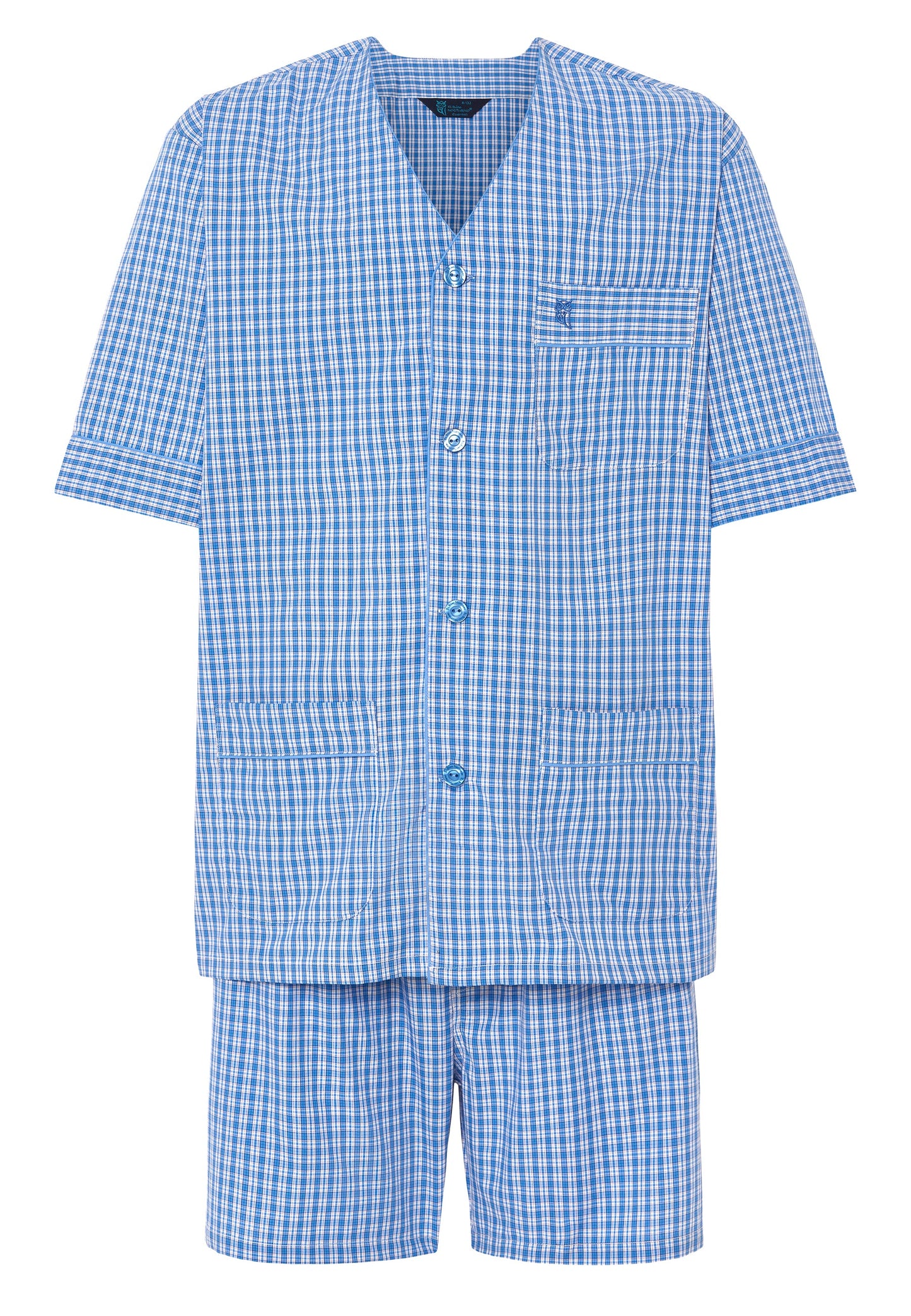 Conjunto de pijama de cuadros azul celeste, algodón ligero, estilo casual, incluye camiseta de botones y pantalones cortos.