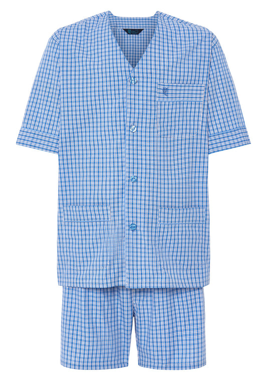 Conjunto de pijama de cuadros azul celeste, algodón ligero, estilo casual, incluye camiseta de botones y pantalones cortos.