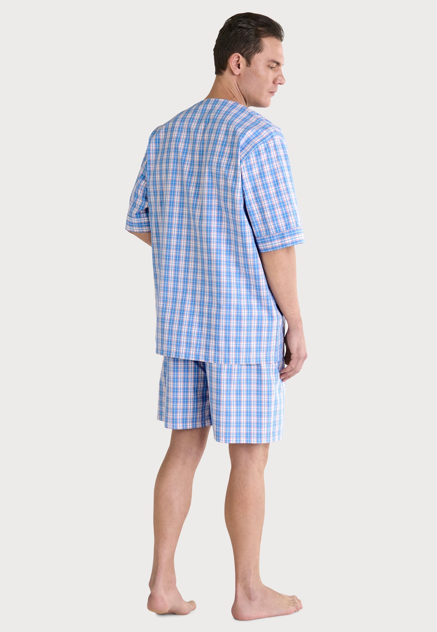 Pijama de hombre a cuadros azul y rosa, tejido de algodón, estilo casual, pantalones cortos y camiseta de manga corta.