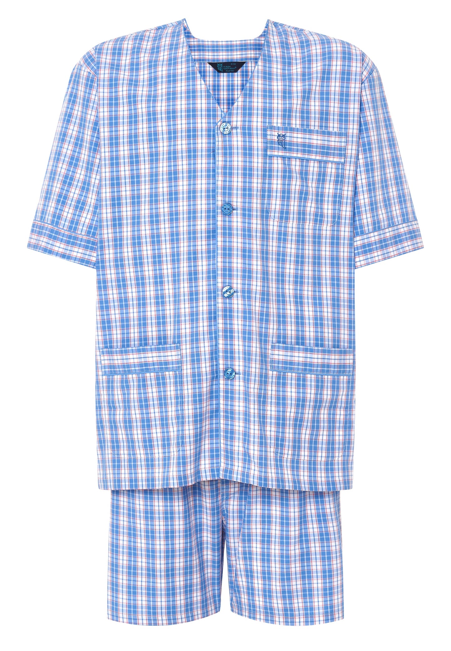 Conjunto de pijama corto de cuadros azules y rosas, 100% algodón, estilo casual y cómodo.