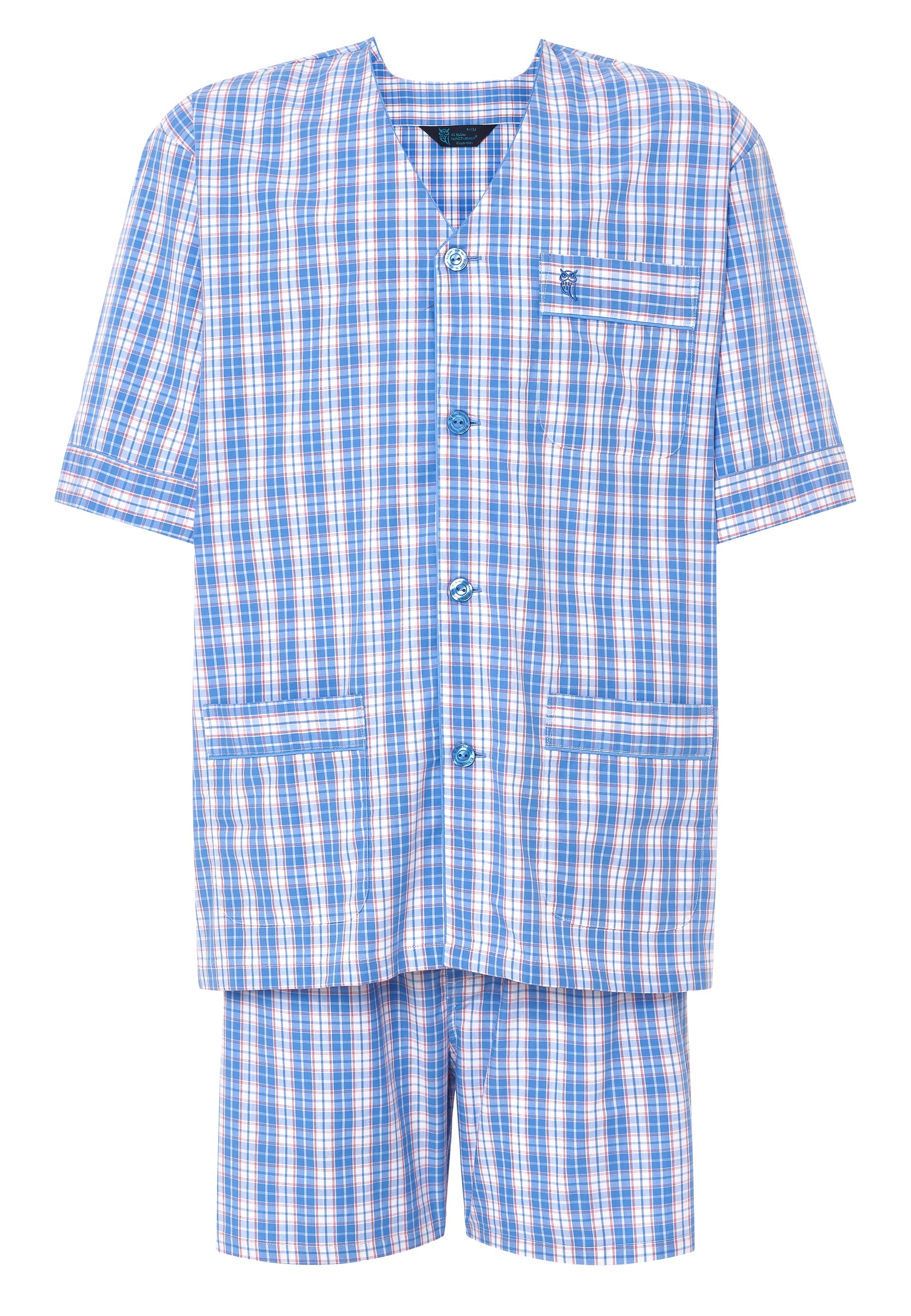 Conjunto de pijama corto de cuadros azules y rosas, 100% algodón, estilo casual y cómodo.