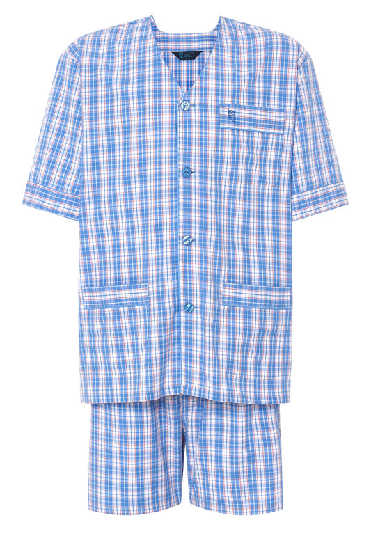 Conjunto de pijama corto de cuadros azules y rosas, 100% algodón, estilo casual y cómodo.