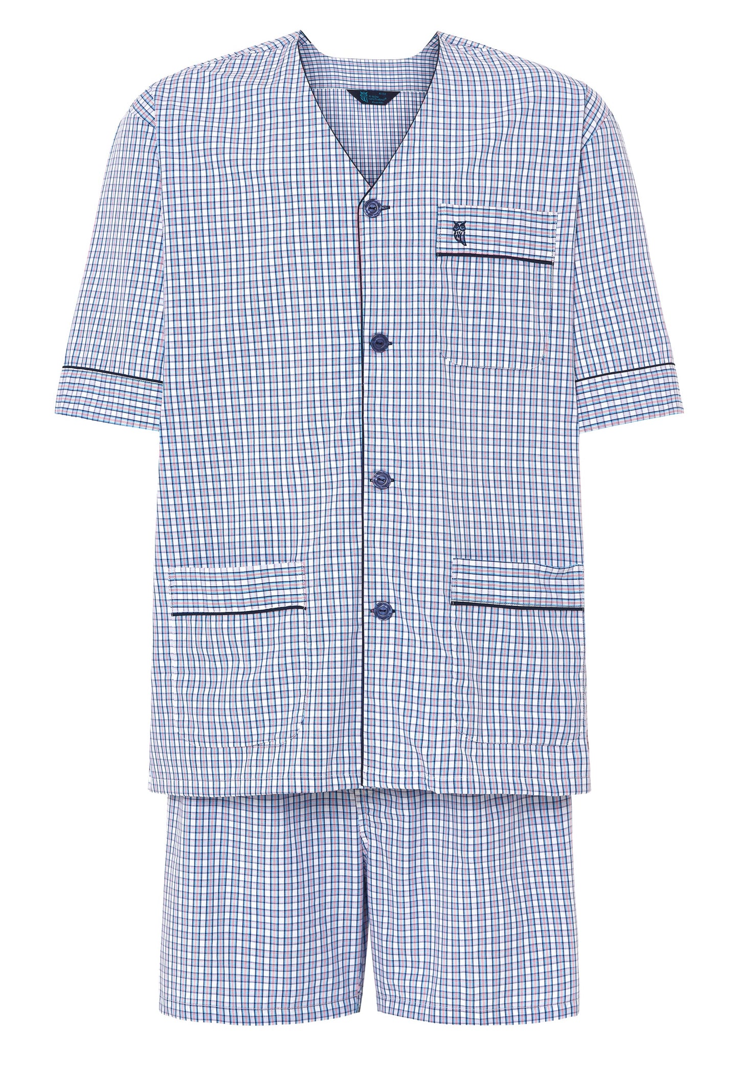 Conjunto de pijama de cuadros en azul y blanco, corto, de algodón, con botón y bolsillo en la parte delantera.