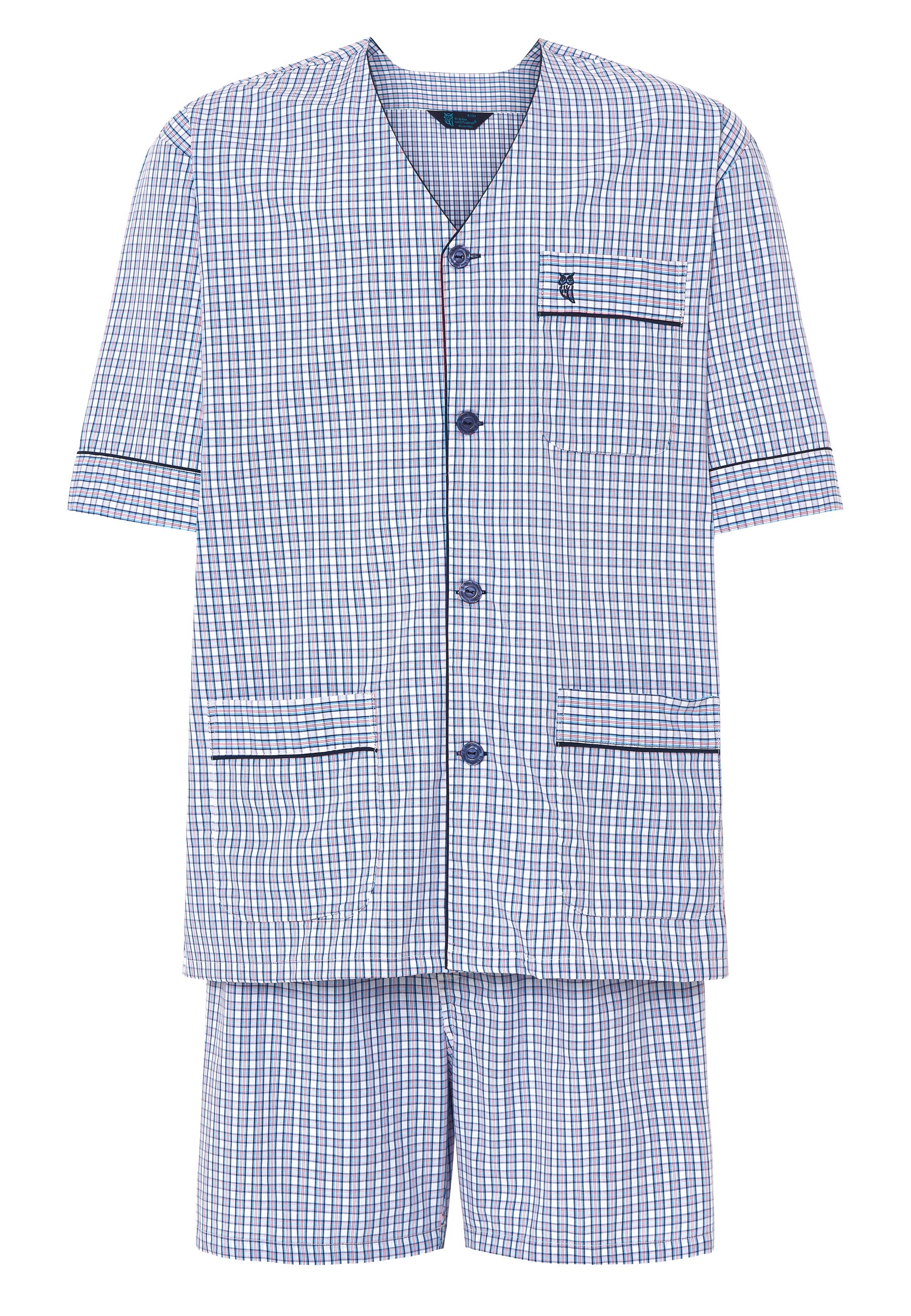 Conjunto de pijama de cuadros en azul y blanco, corto, de algodón, con botón y bolsillo en la parte delantera.
