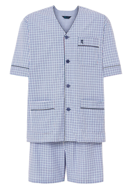 Conjunto de pijama de cuadros en azul y blanco, corto, de algodón, con botón y bolsillo en la parte delantera.