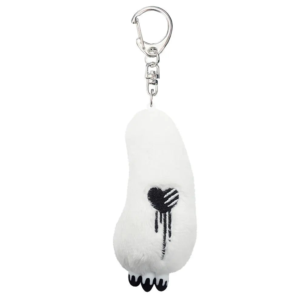 White plush Gloomy Bear arm keychain with a black embroidered dripping heart and black claws.