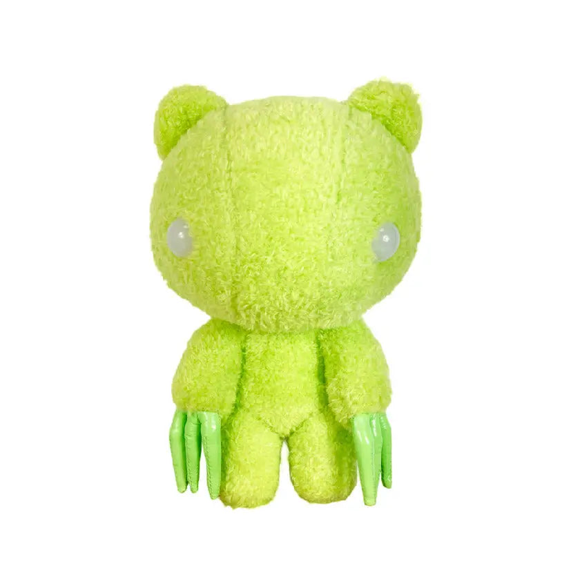 8-inch lime green fuzzy Gloomy Bear plush with glossy, long claws and simple, round white eyes.