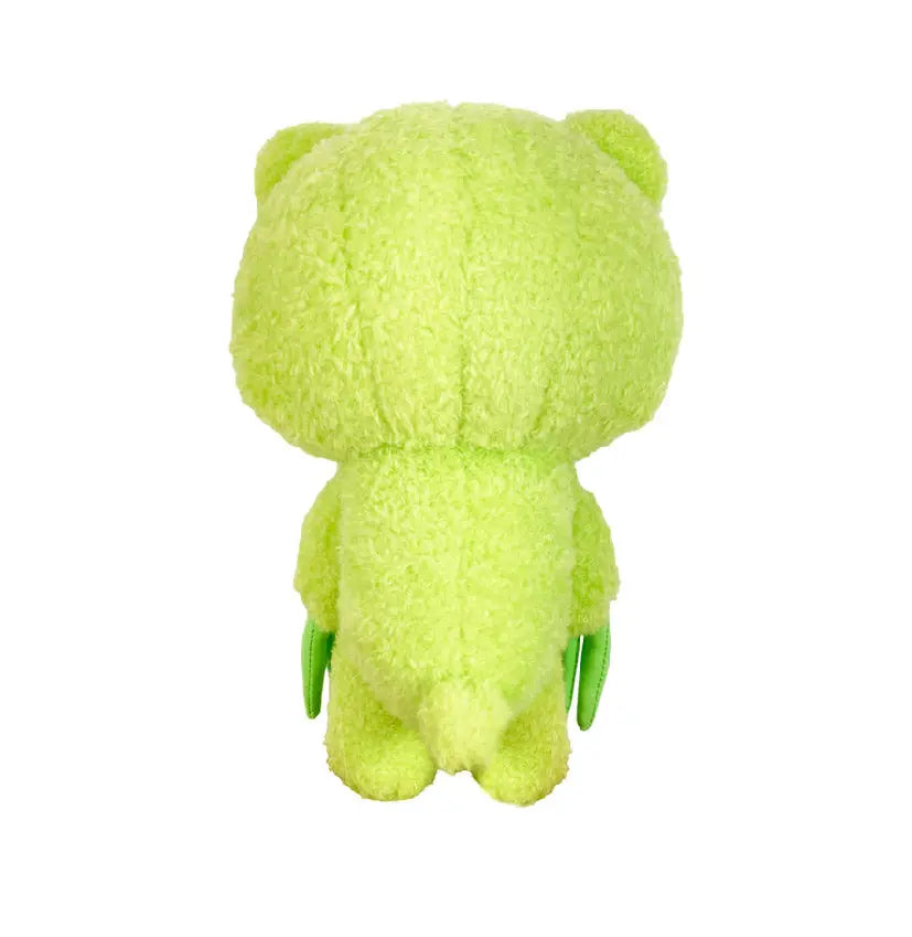 Back view of an 8-inch lime green fuzzy Gloomy Bear plush with smooth green claws, isolated on a white background.