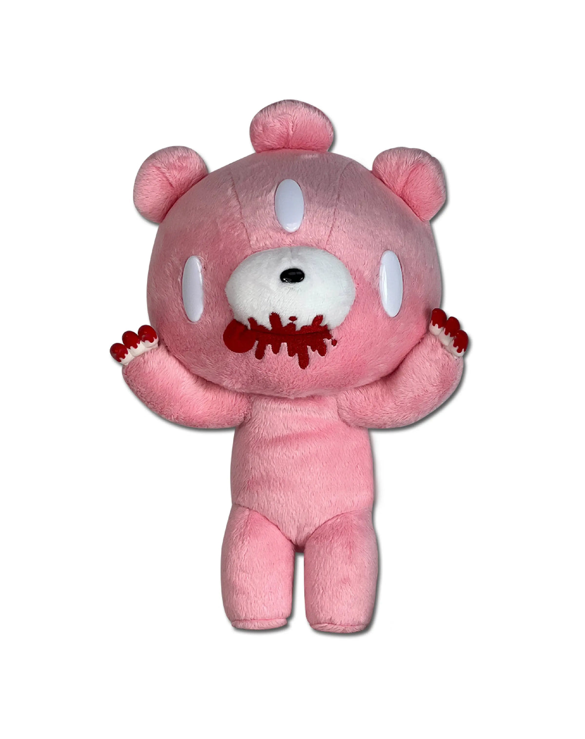 Pink plush Gloomy Bear with three oval eyes, white muzzle, and red embroidered blood on mouth and claws.