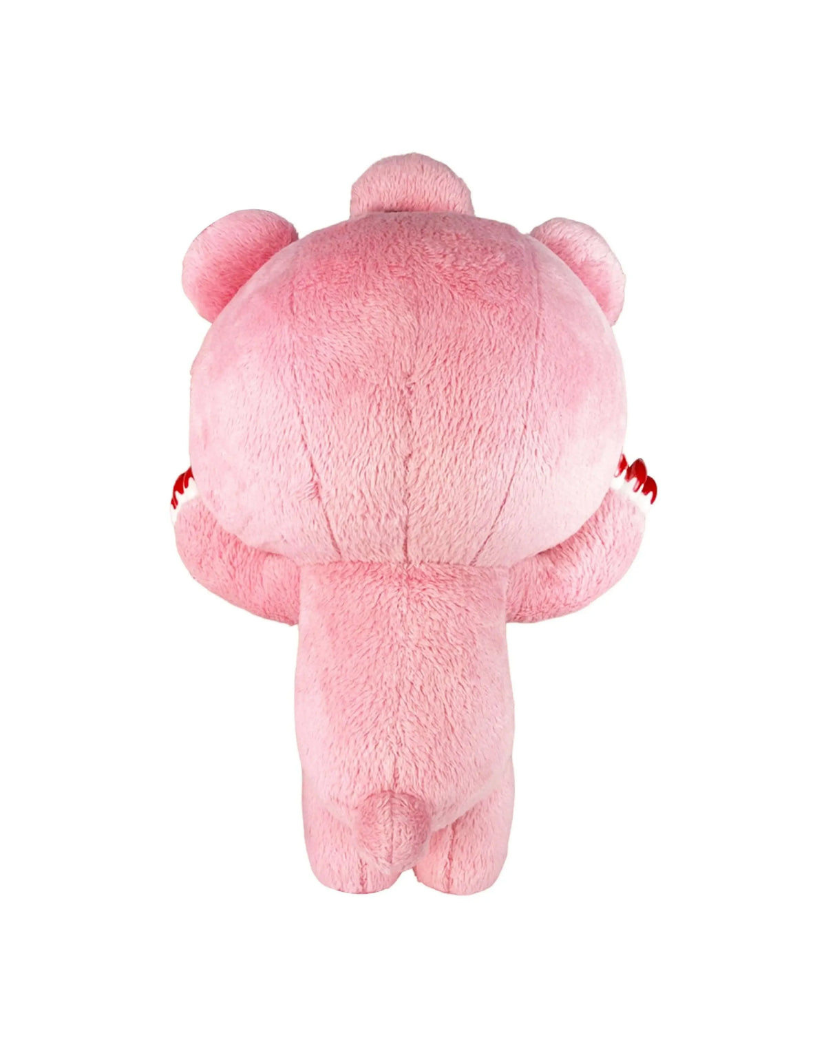 Back view of a plush pink Gloomy Bear with rounded ears and small red claws visible on its sides.