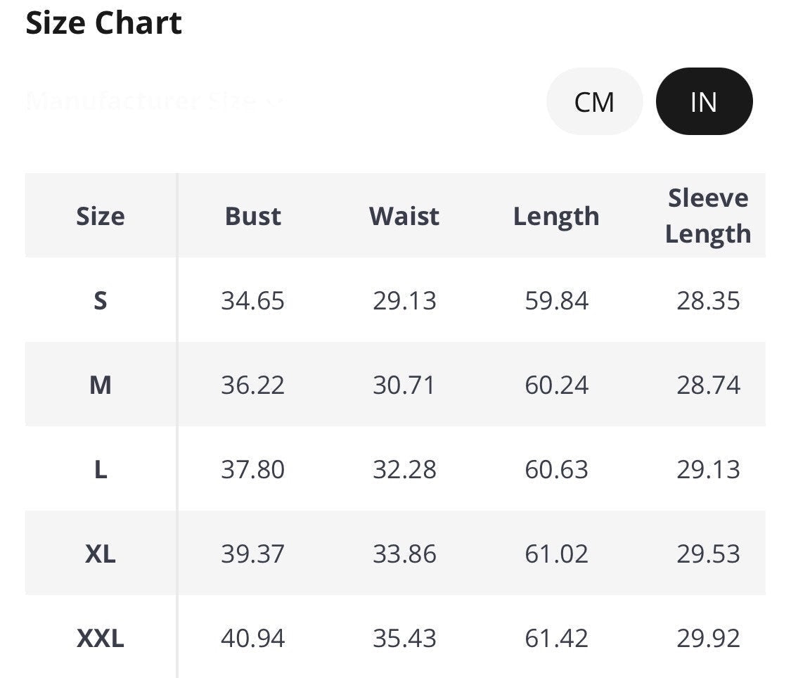 Size chart for women's clothing, measuring bust, waist, length, and sleeve length in centimeters and inches.