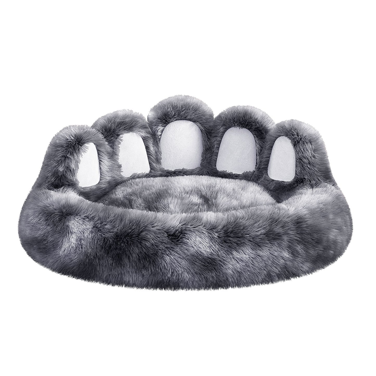 Cama Pata de Oso: Vista frontal de la cama de mascota con forma de huella de oso gigante en color gris claro, destacando el material de felpa ultra suave y los bordes acolchados
