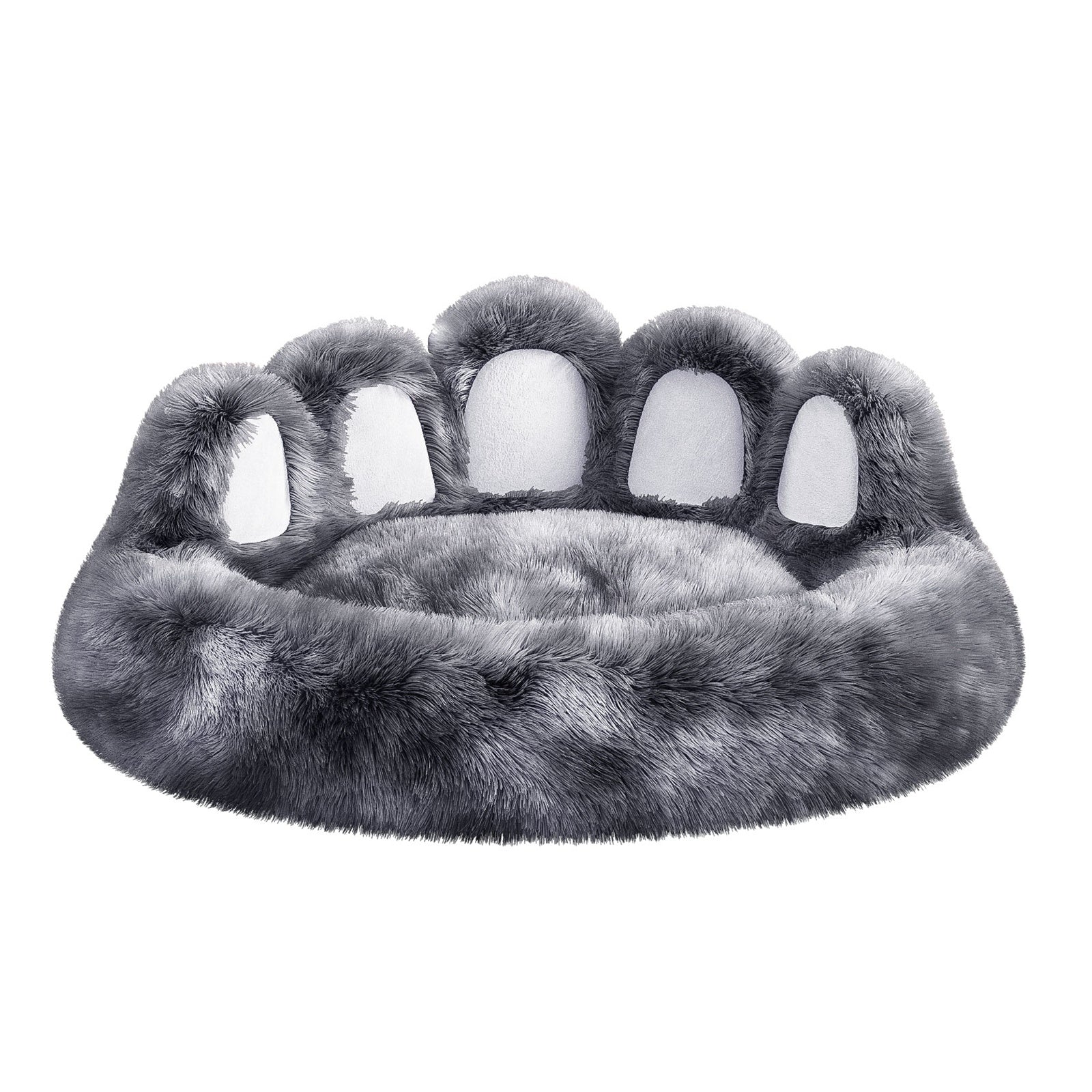 Cama Pata de Oso: Vista frontal de la cama de mascota con forma de huella de oso gigante en color gris claro, destacando el material de felpa ultra suave y los bordes acolchados