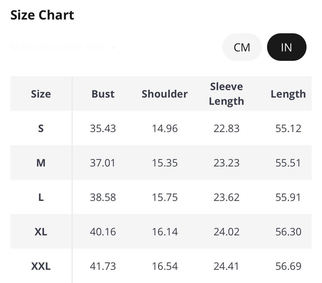 Size chart showing bust, shoulder, sleeve length, and overall length measurements for S, M, L, XL, and XXL sizes.