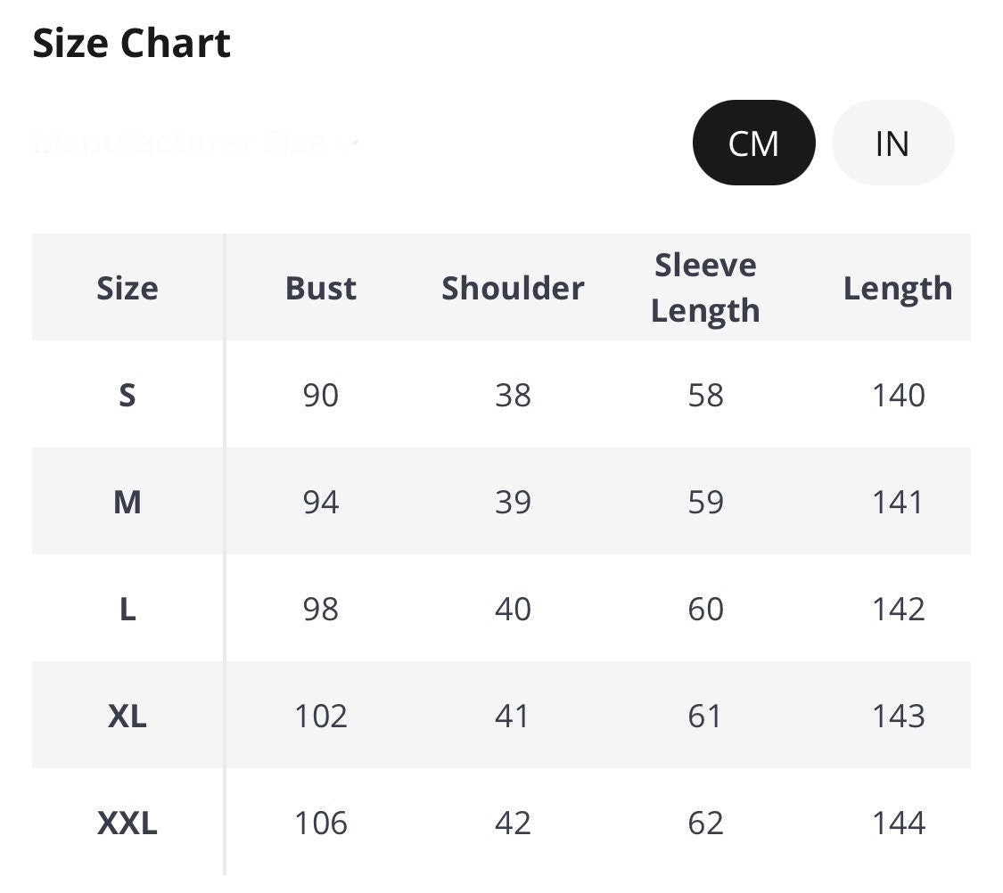 Size chart for women's clothing with measurements in centimeters for bust, shoulder, sleeve, and length.