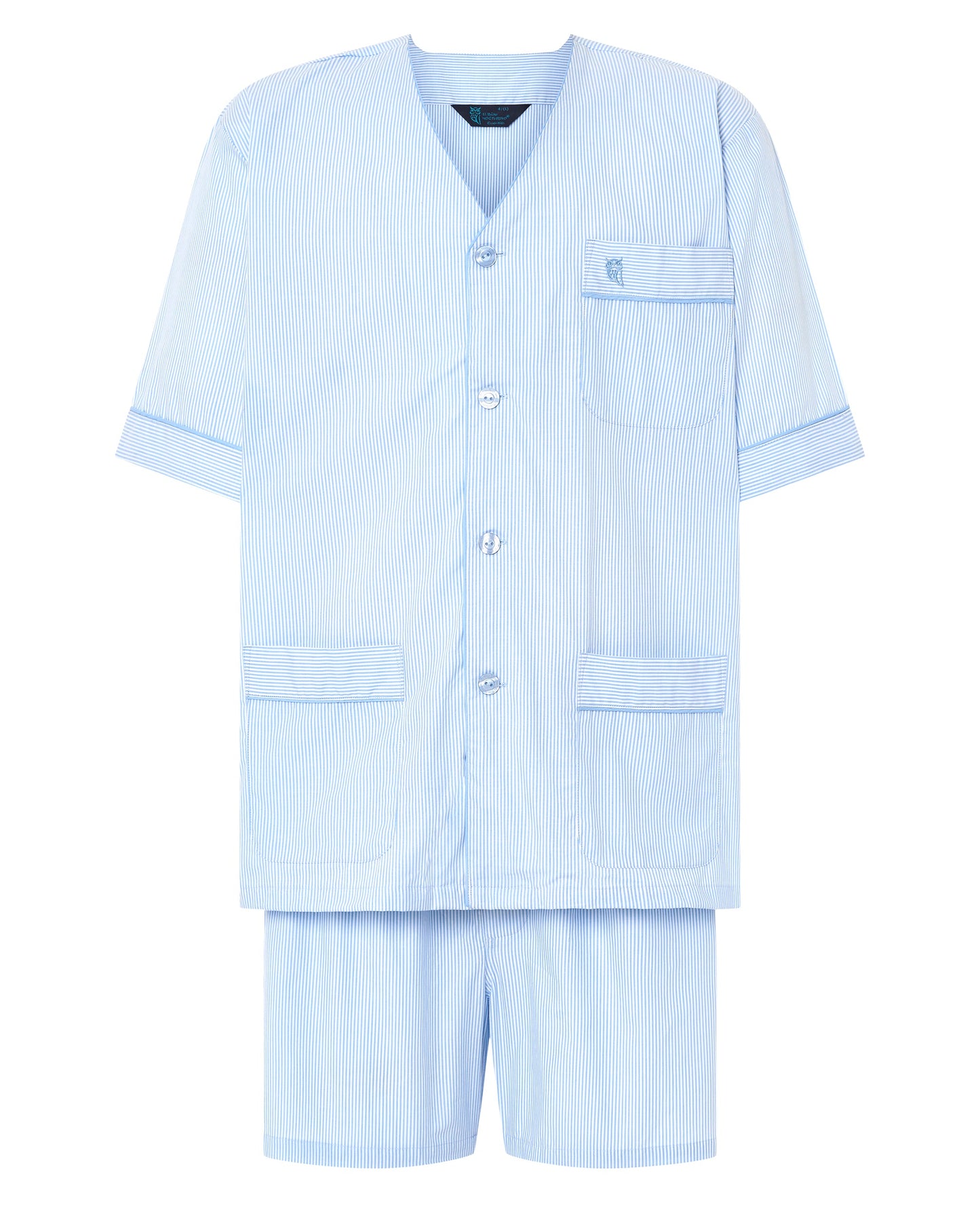 Pijamas de hombre de rayas azul claro, algodón, estilo moderno, con botón y pantalones cortos.