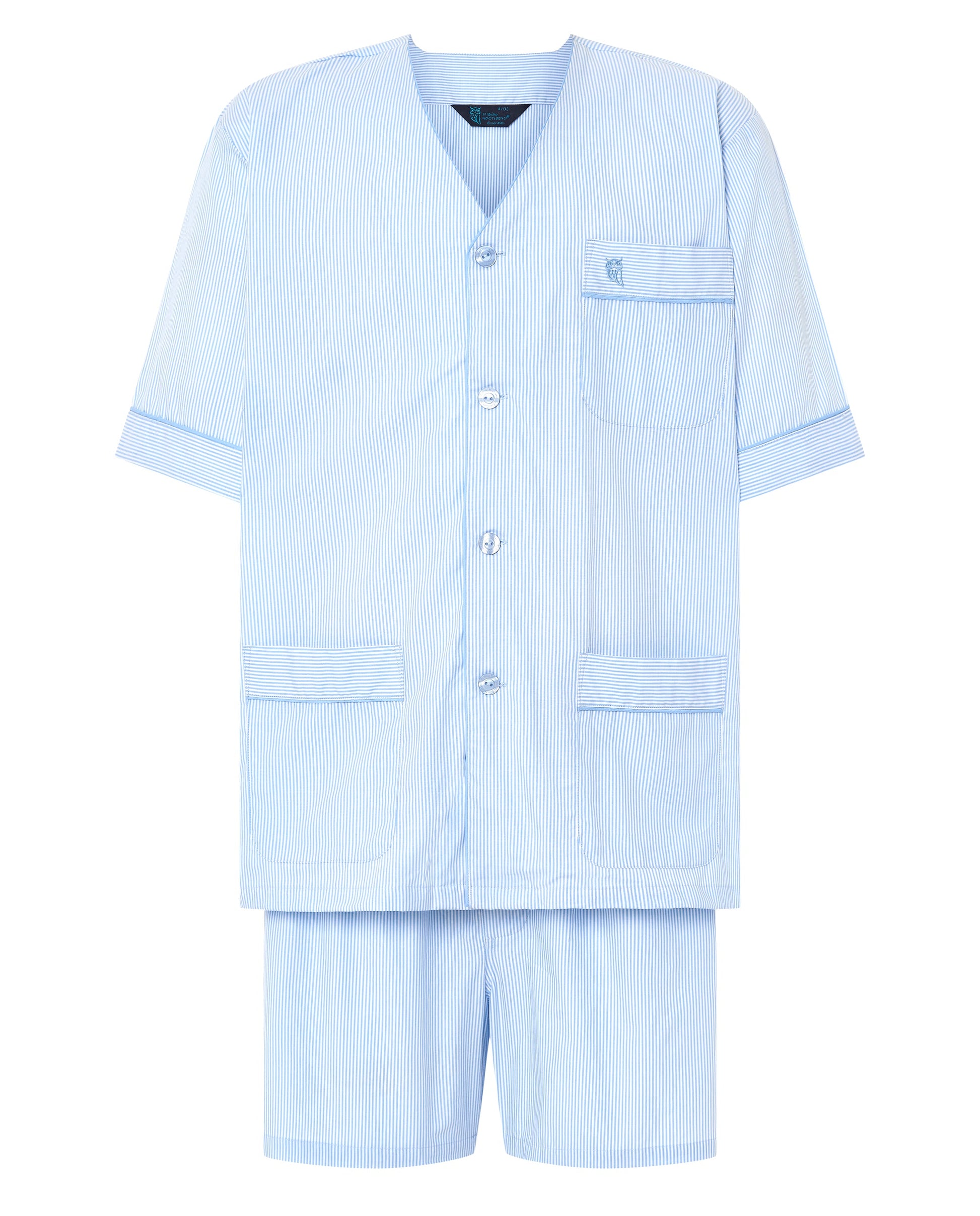 Pijamas de hombre de rayas azul claro, algodón, estilo moderno, con botón y pantalones cortos.