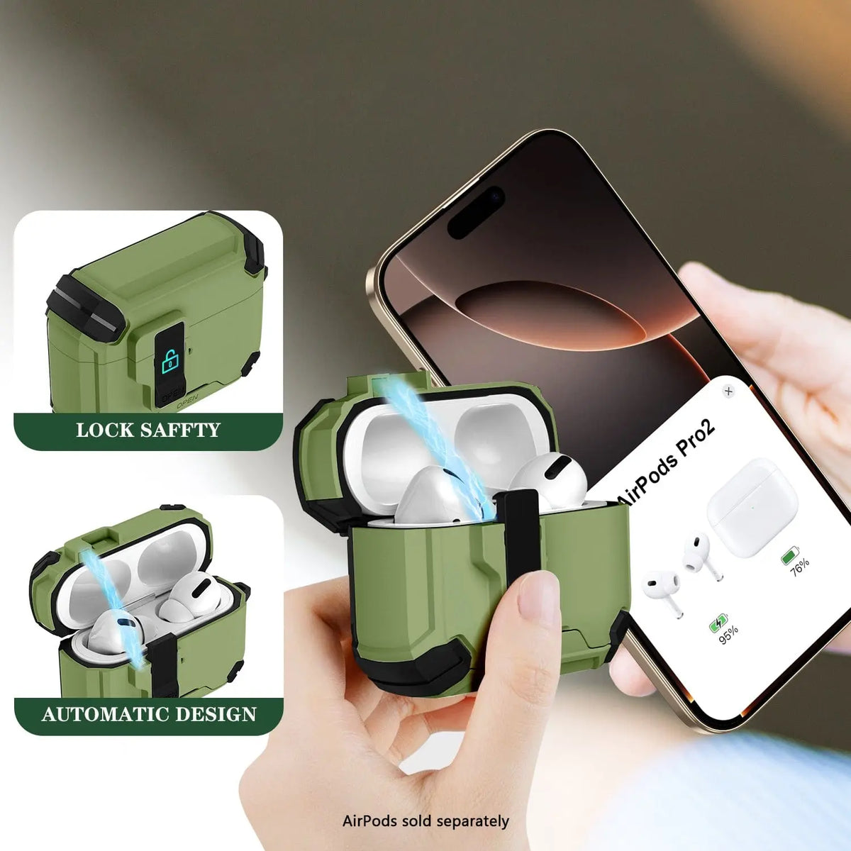Olive green heavy-duty earbud case with black protective corners, secure locking mechanism, and automatic open lid.