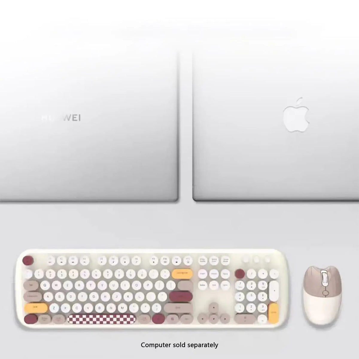 Colorful wireless keyboard with round keys and matching mouse, featuring a stylish, retro-modern aesthetic.