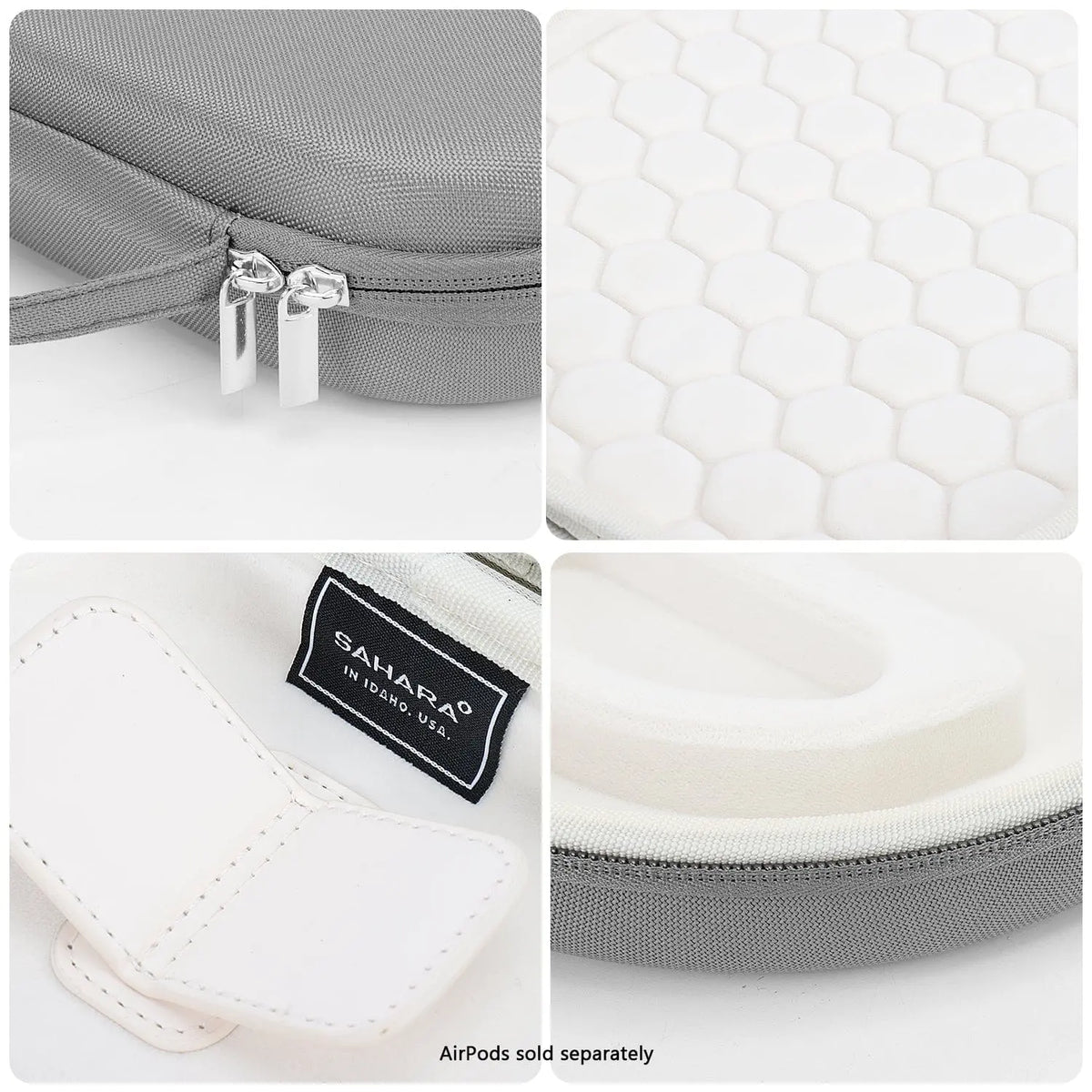 Gray hardshell AirPods Max travel case featuring a honeycomb interior, white protective lining, and sturdy zipper.