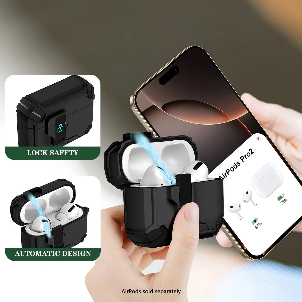 Black heavy-duty protective case for wireless earbuds with a secure locking mechanism, matte texture, and rugged shape.