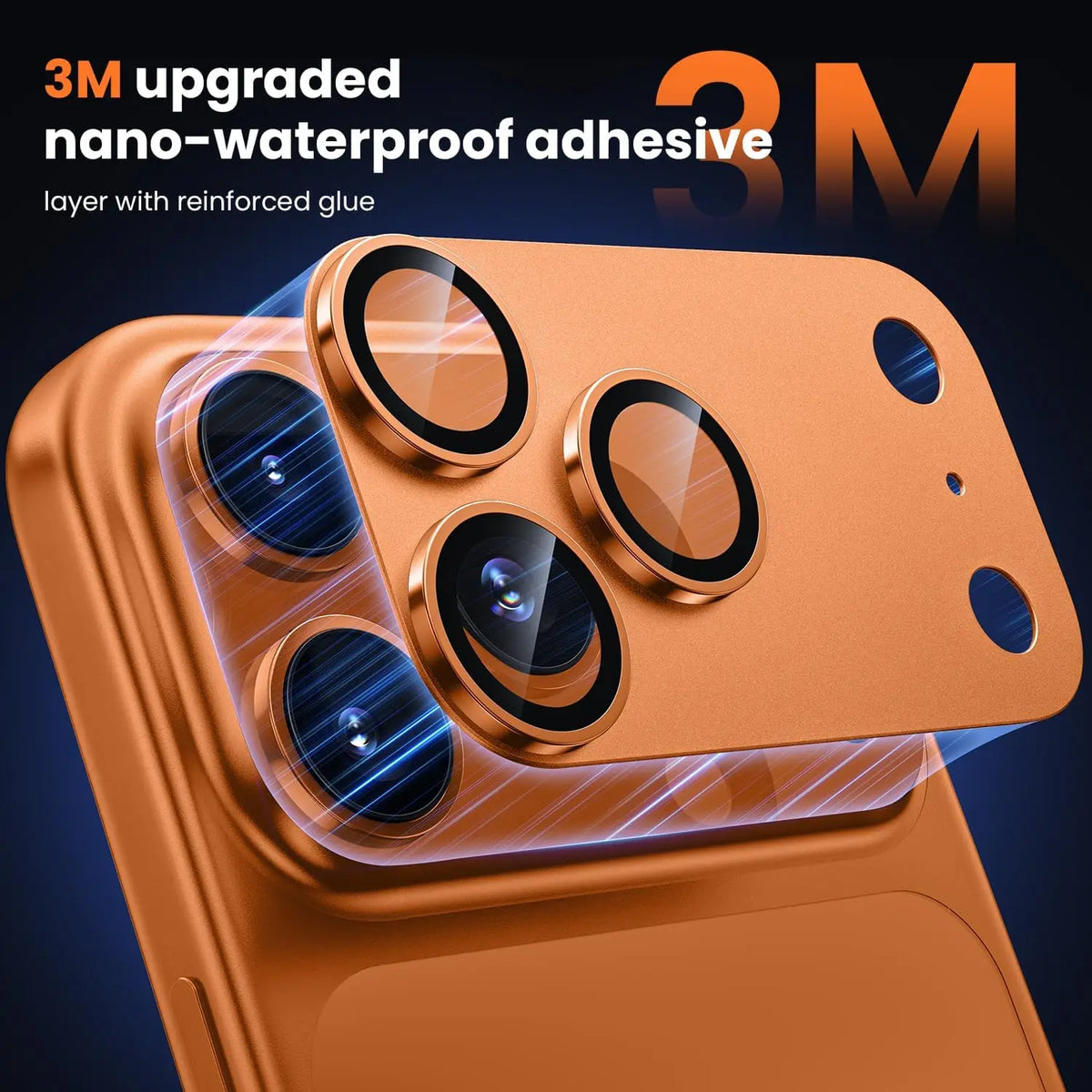 Copper-colored titanium camera lens protector being applied to an iPhone, featuring a 3M adhesive layer and sleek look.