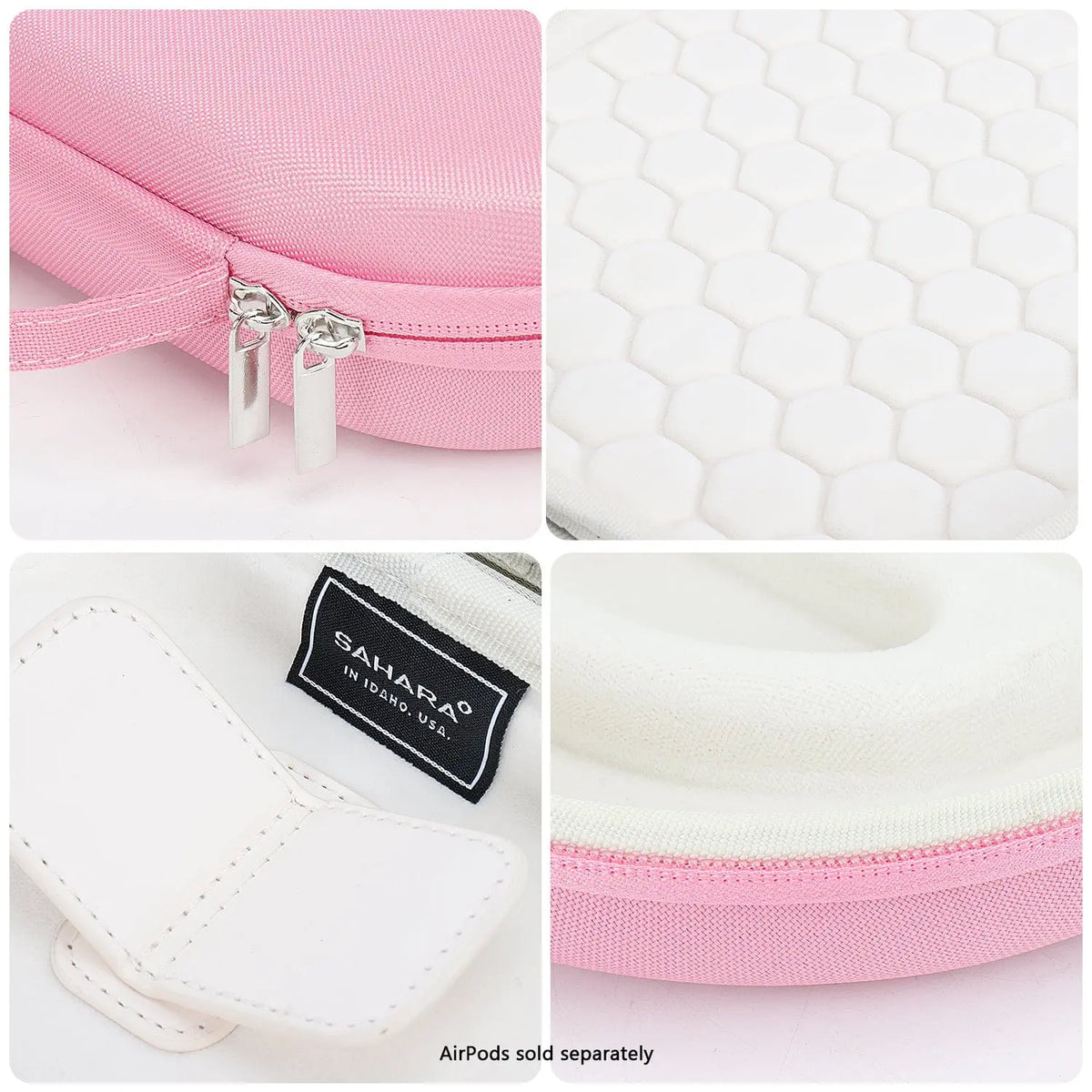 Pink hard-shell travel case for AirPods Max with zipper, white honeycomb interior padding, and Sahara brand tag.