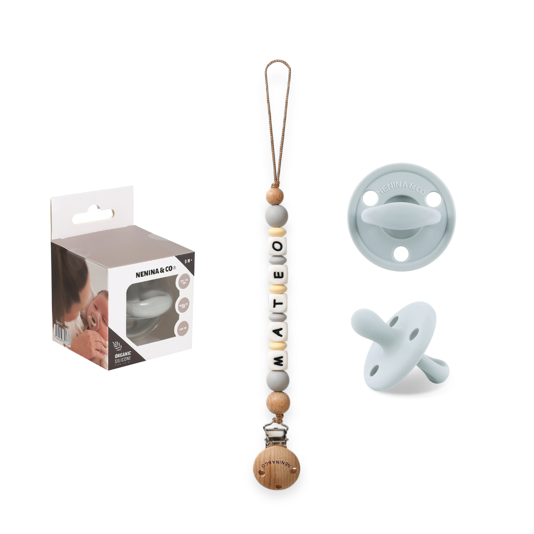 Kit Chupete Clásico Gris de Silicona + Chupetero con Nombre | Nenina & Co.