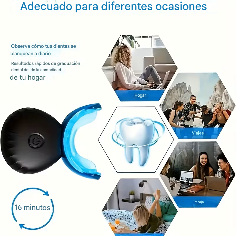 Kit de blanqueamiento dental LED recargable con férula azul, geles y escenas de uso diario para el cuidado personal.