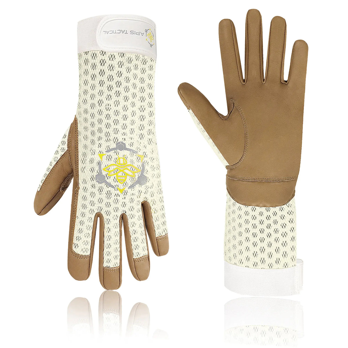 Heavy-duty beekeeping gloves with tan pigskin leather palms and cream-colored breathable mesh backings.