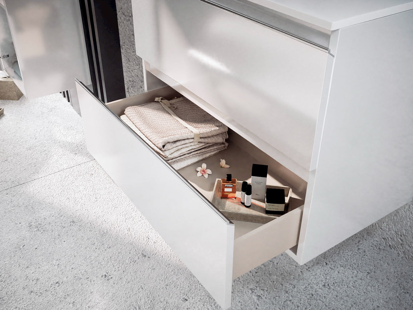 cajones espaciosos mueble de baño blanco suspendido